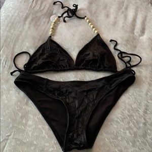 Black satin with pearls bikini